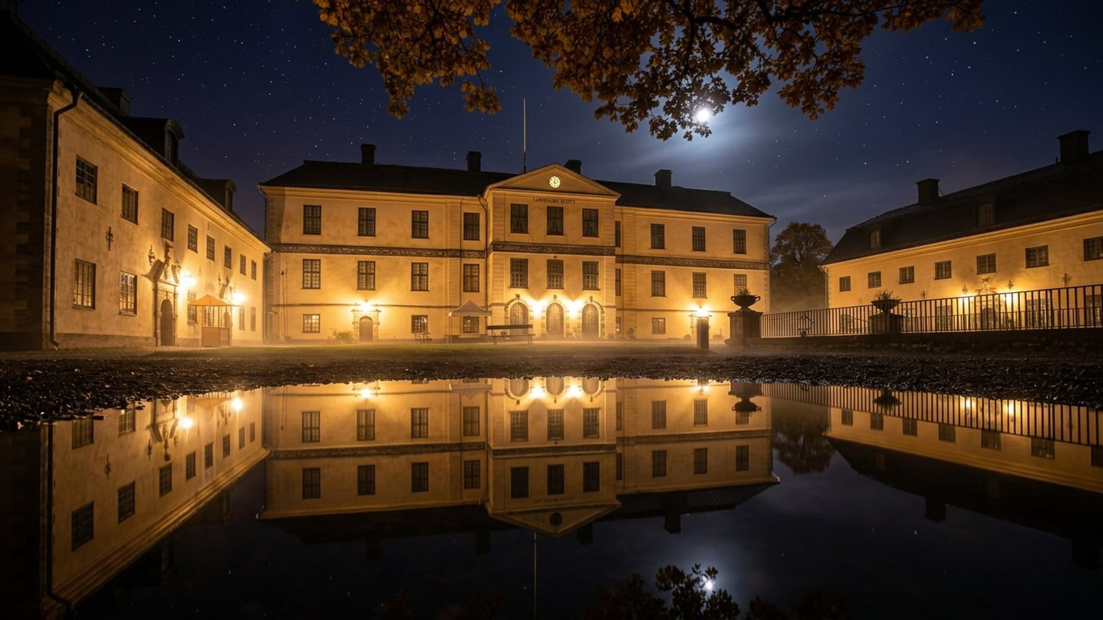 Löfstad slott kvällstid. Bilden är redigerad med hjälp av AI.